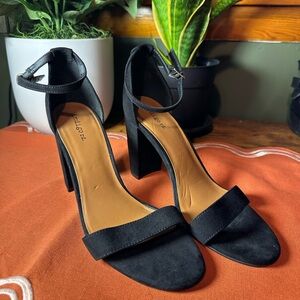 Indigo Black Suede Ankle Strap Heels